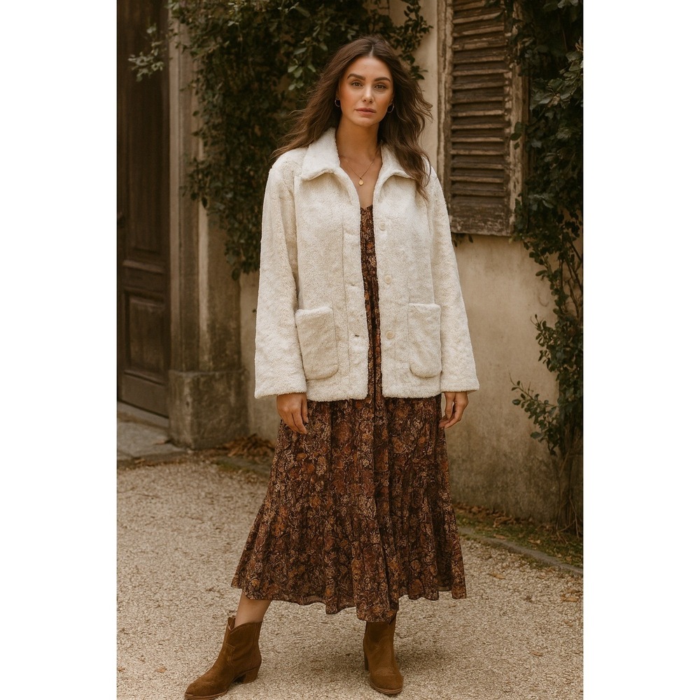 Boho Western Farmcore Ivory Sherpa Faux Suede Moleskin Reversible L Barn Coat